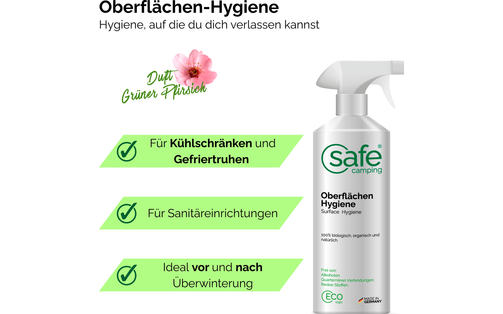 Overflatehygiene uten alkohol 500 ml - SAFE CAMPING montert på campingbord