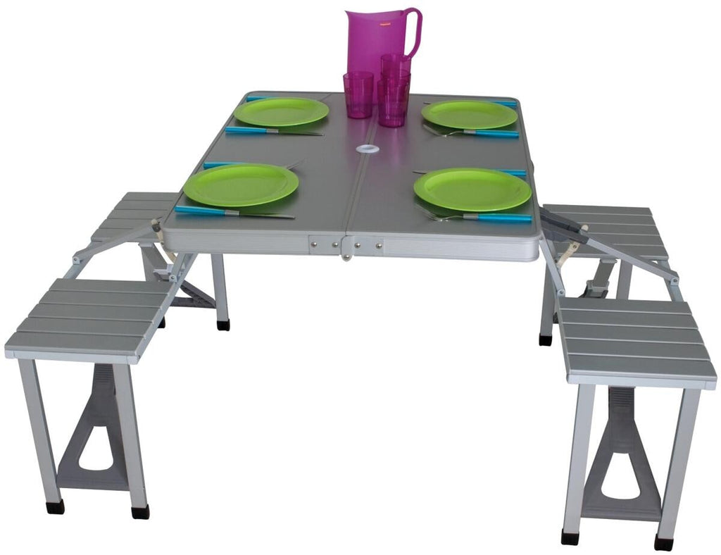 Piknikbord med benker i aluminium 86x68 cm grått - Eurotrail forfra
