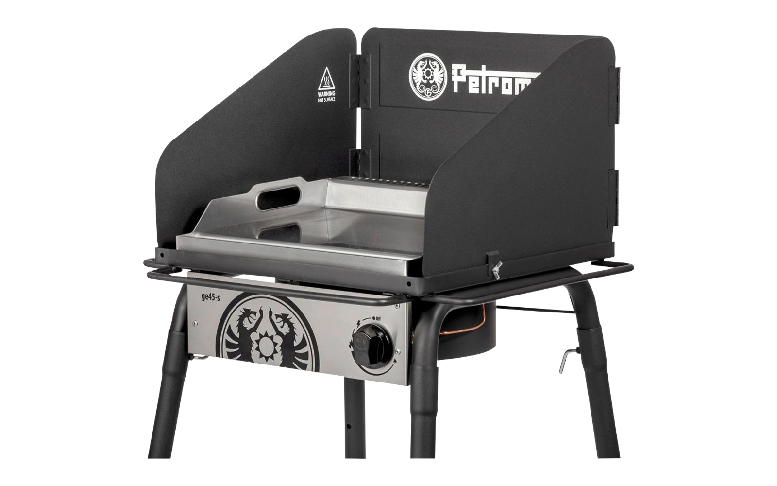 Nærbilde av håndtak på Plancha grillplate i rustfritt stål