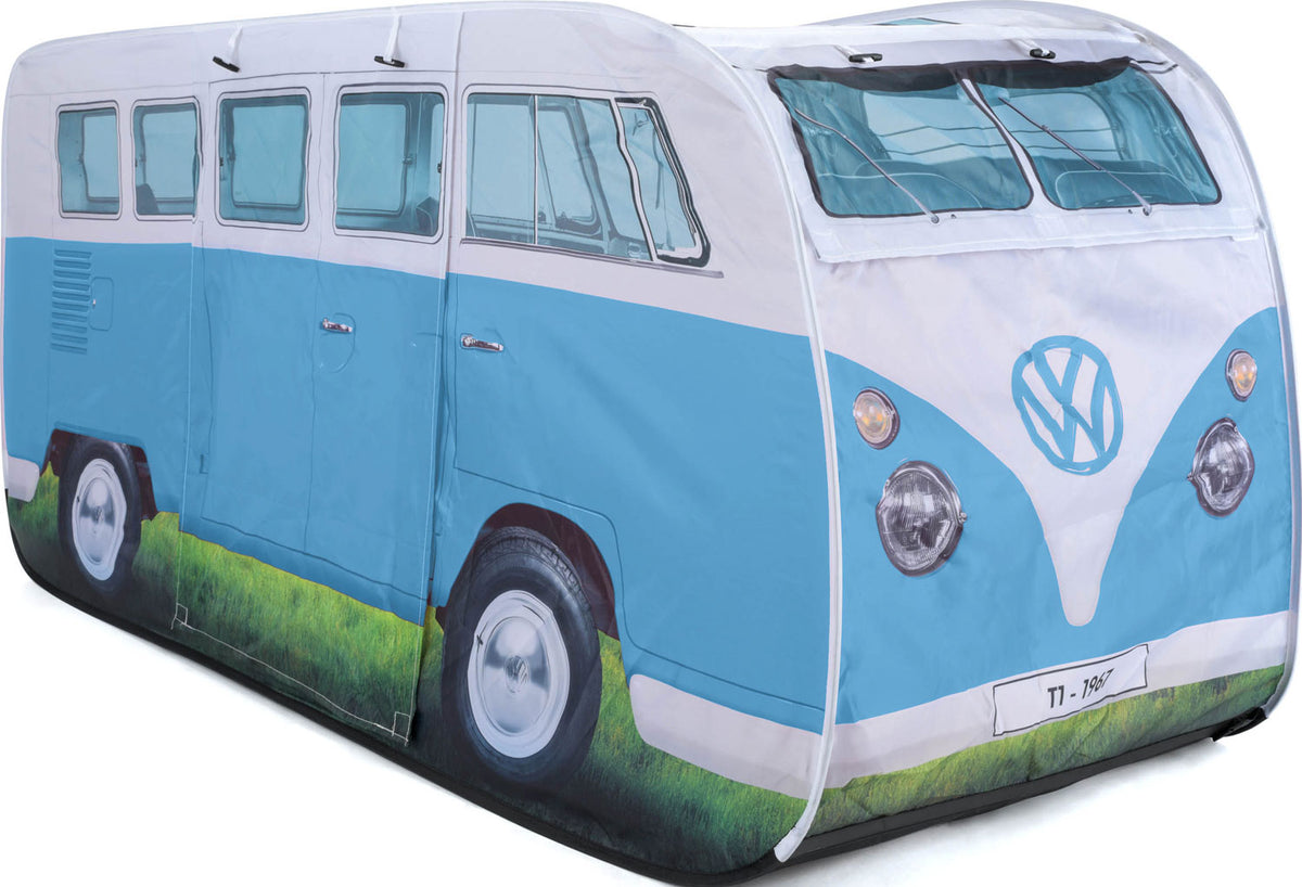 Pop-up lektelt VW T1 Bulli for barn blå 165x77 cm - VW Collection oppslått sett fra siden med dør