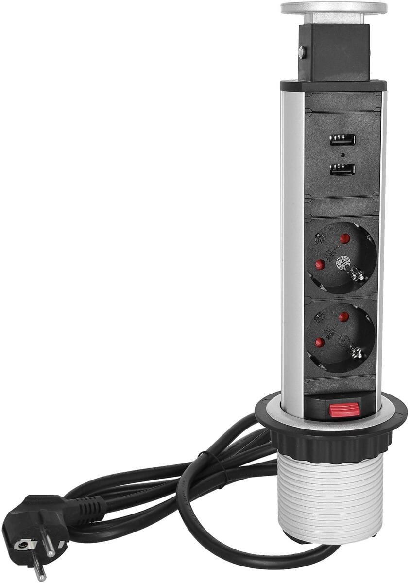 Pop-up strømforsyningstårn med 2 schuko og 2 USB forfra