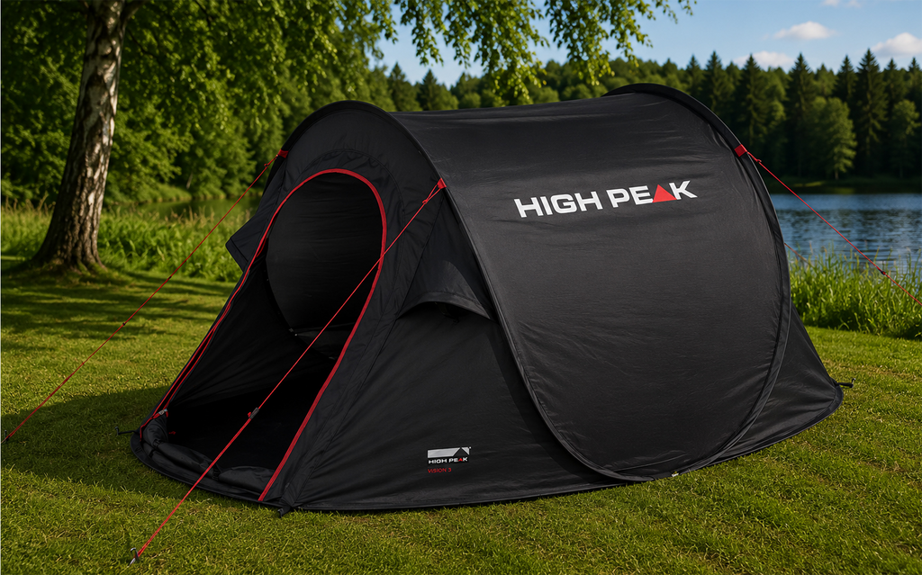 Pop-up telt Vision 3 enkeltduk for 3 personer, svart - High Peak oppslått sett forfra
