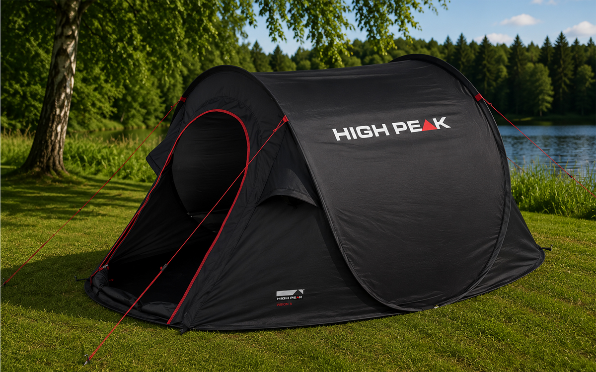 Pop-up telt Vision 3 enkeltduk for 3 personer, svart - High Peak oppslått sett forfra