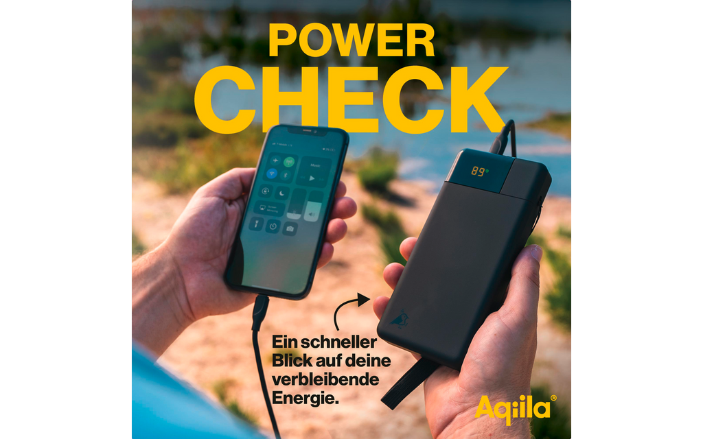 Powerbank 20W 20000 mAh med LCD-display og 3 utganger svart med bærestropp