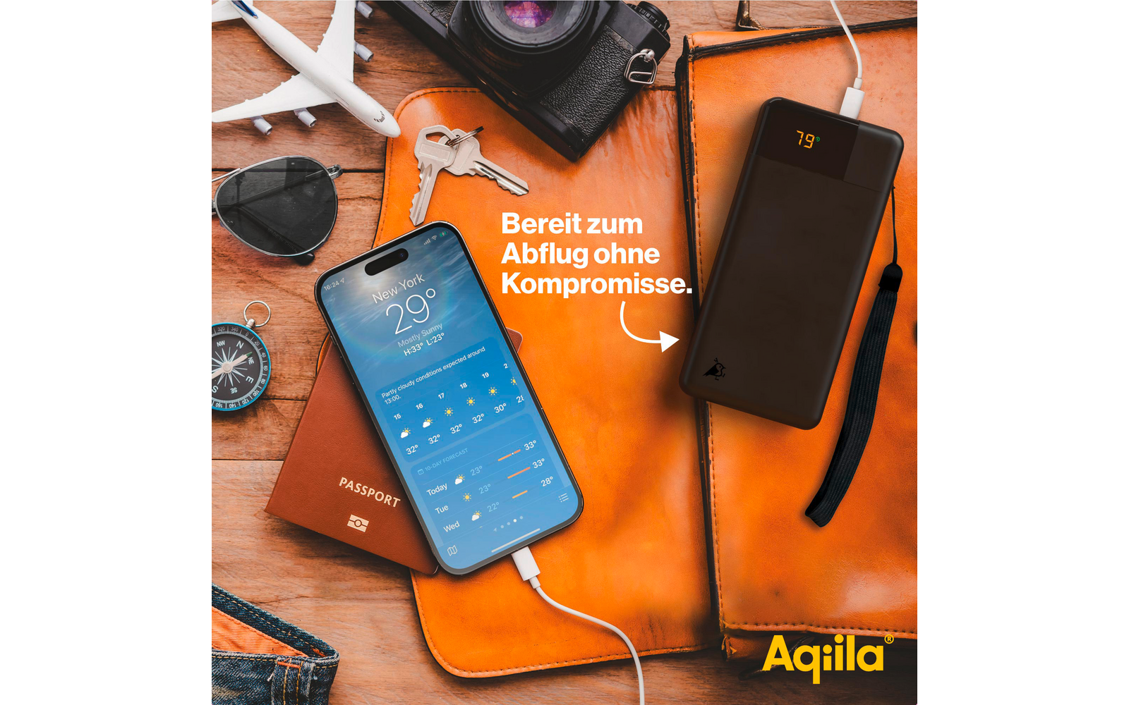 Powerbank 20W 20000 mAh med LCD-display og 3 utganger svart med USB-C kabel