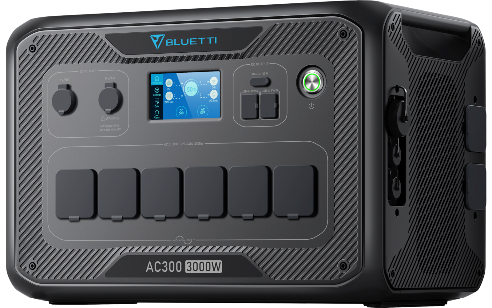 Powerstation AC300 basismodul 3000 W ren sinusbølge Bluetti nærbilde av kontakter