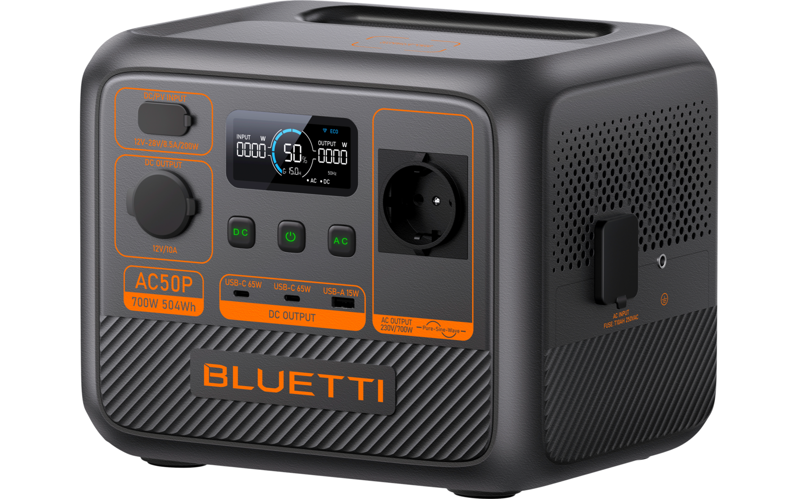 Powerstation AC50P 700 W 504 Wh LiFePO4 detalj av tilkoblinger