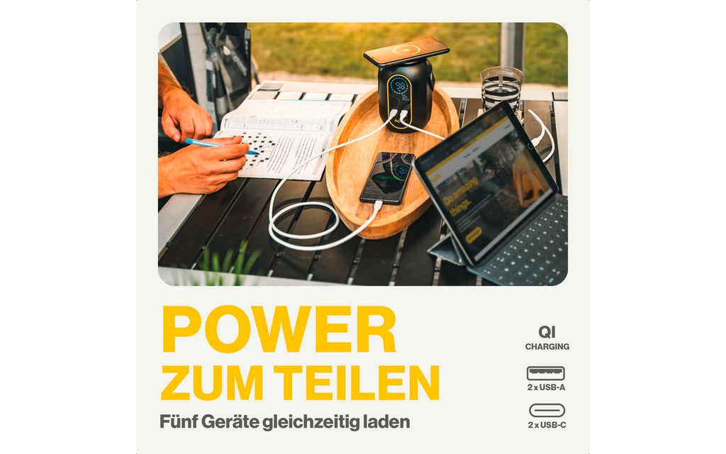 Nærbilde av USB-C og USB-A porter på Powerstation Powerbird S140