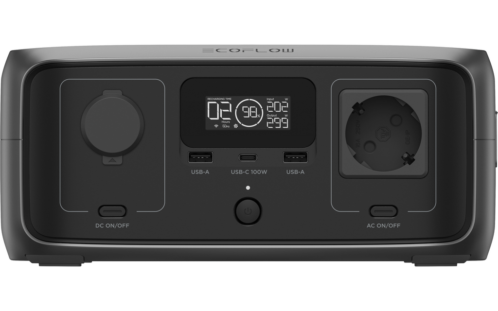 Detalj av Powerstation River 3 LiFePO4 245 Wh 300 W 3,5 kg EcoFlow kontrollpanel