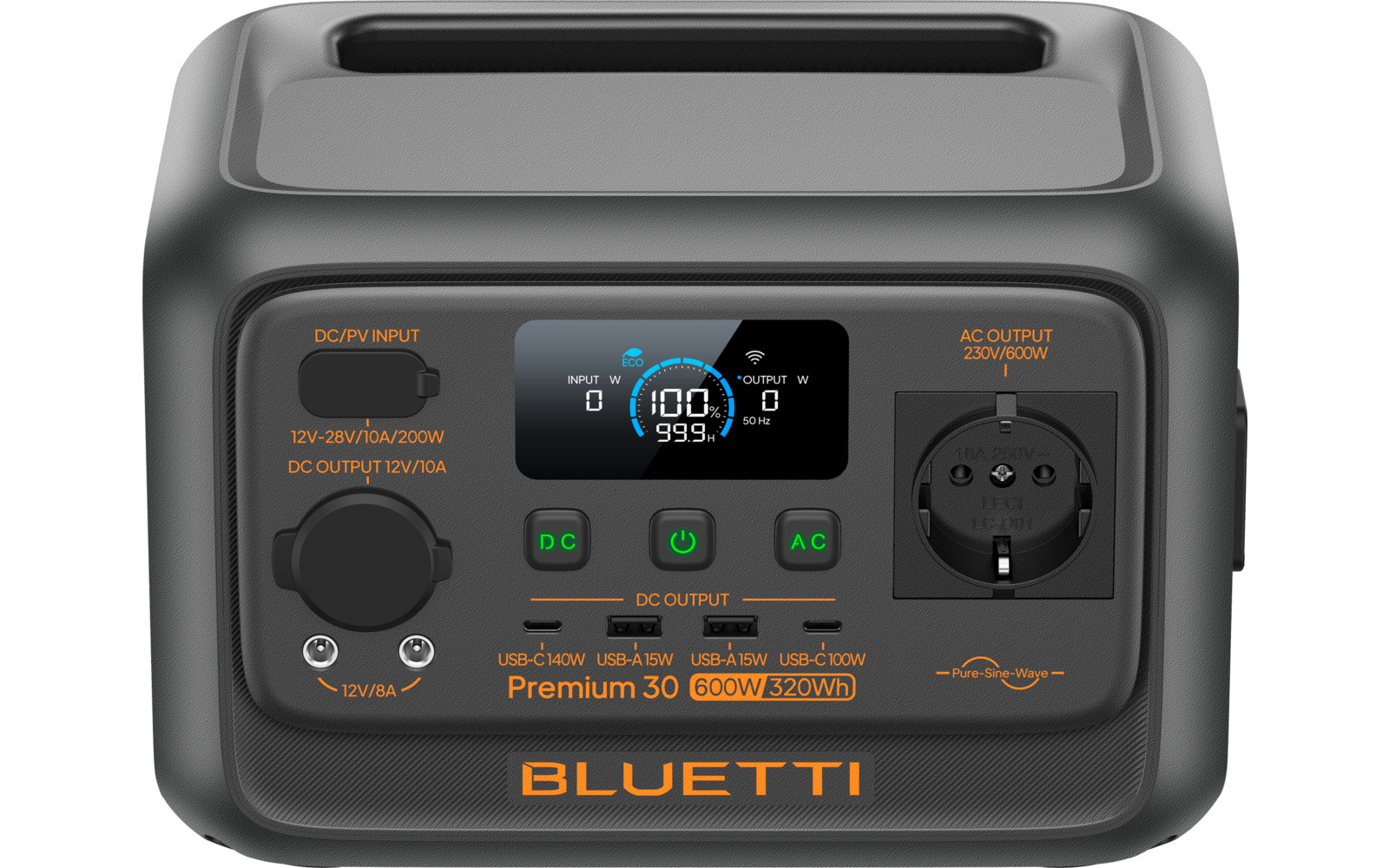 Premium 30 V2 kraftstasjon 320Wh 600W - Bluetti detalj av kontakter