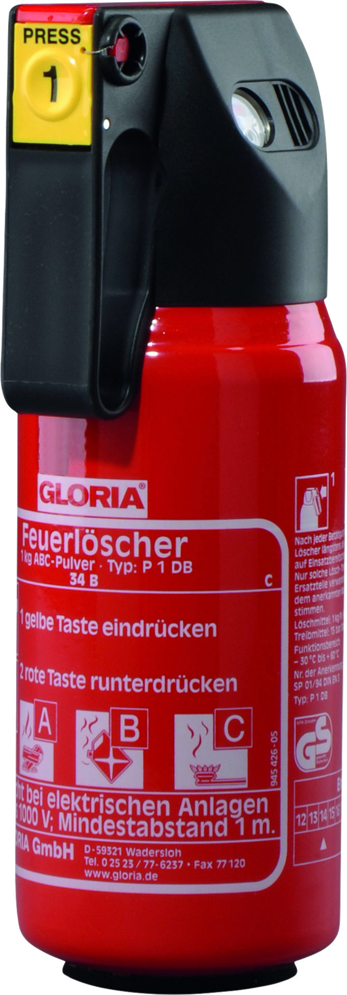 Pulverbrannslukker 1 kg, brandklasse A/B/C, stål for kjøretøy og camping