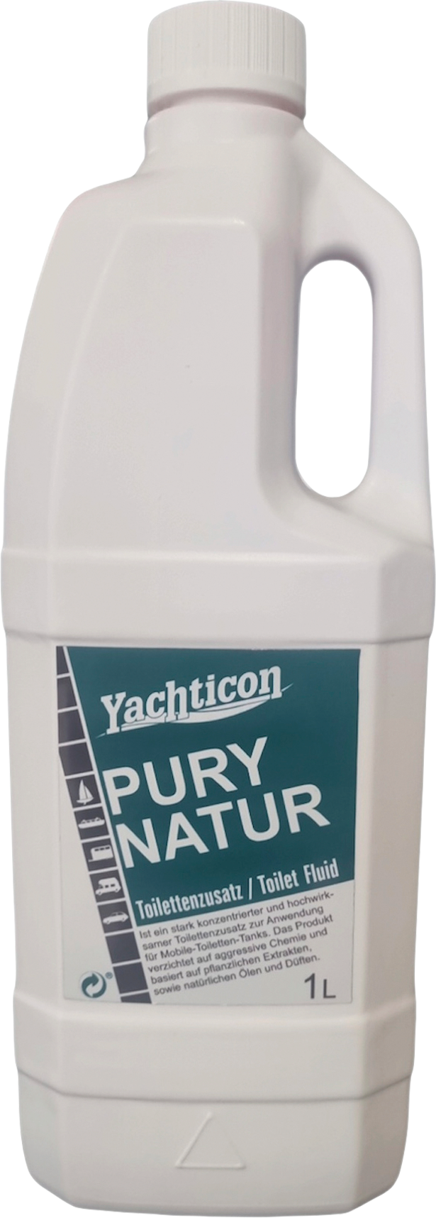 Pury Natur toalettrens for campingtoaletter 1 liter Yachticon flaske forfra