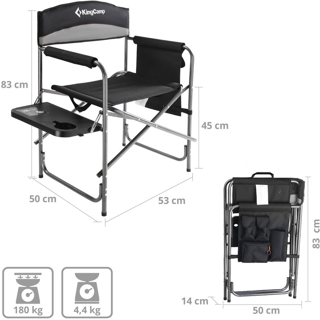 Nærbilde av stoff og armlener på Regissørstol Deluxe med sidebord og organiser 180 kg stål - KingCamp