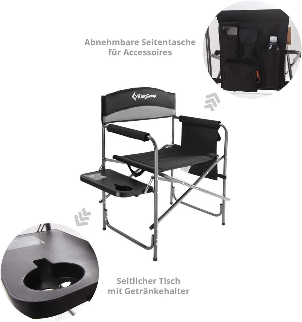 Montert Regissørstol Deluxe med sidebord og organiser 180 kg stål - KingCamp med bærestropp