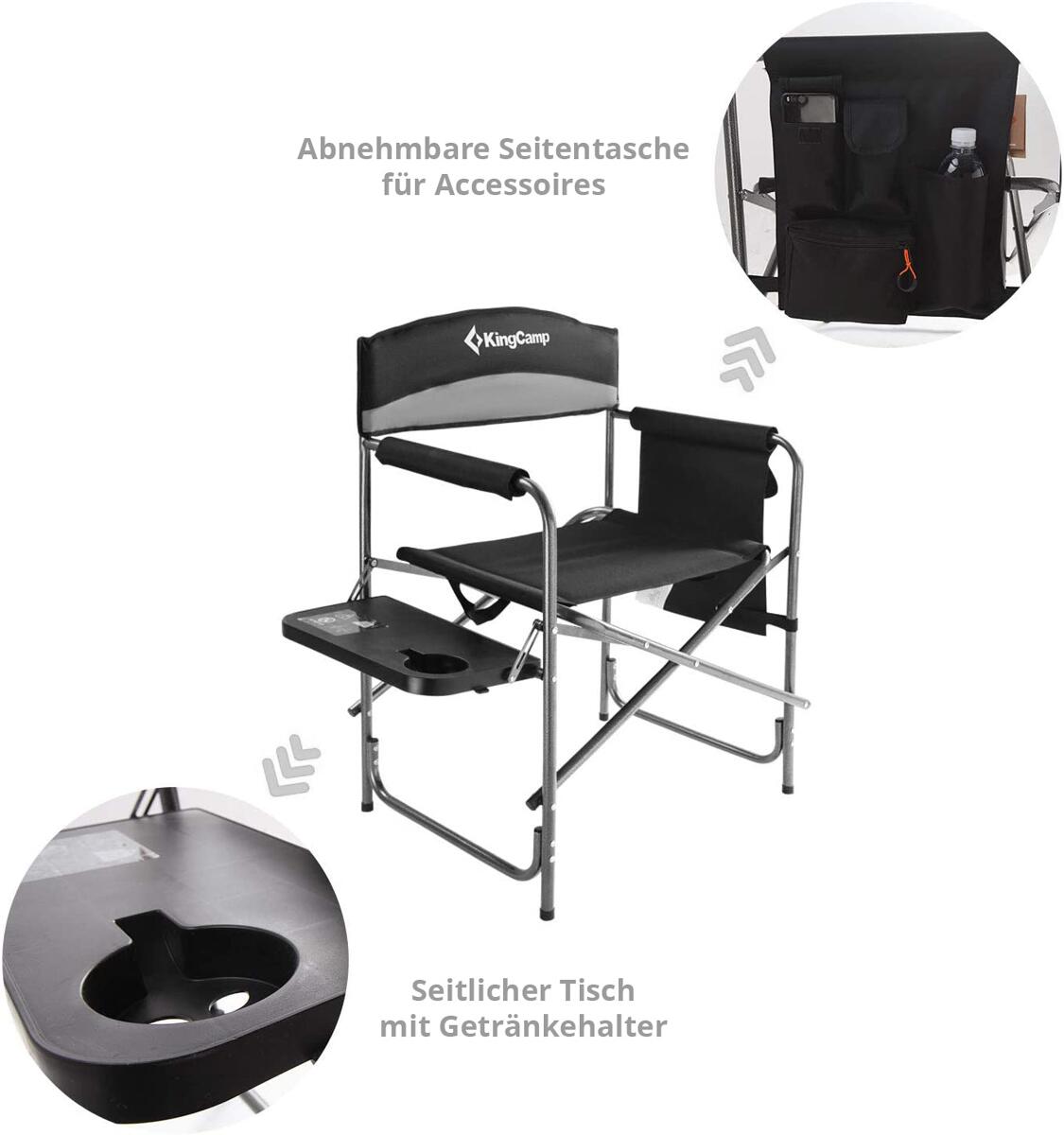 Montert Regissørstol Deluxe med sidebord og organiser 180 kg stål - KingCamp med bærestropp
