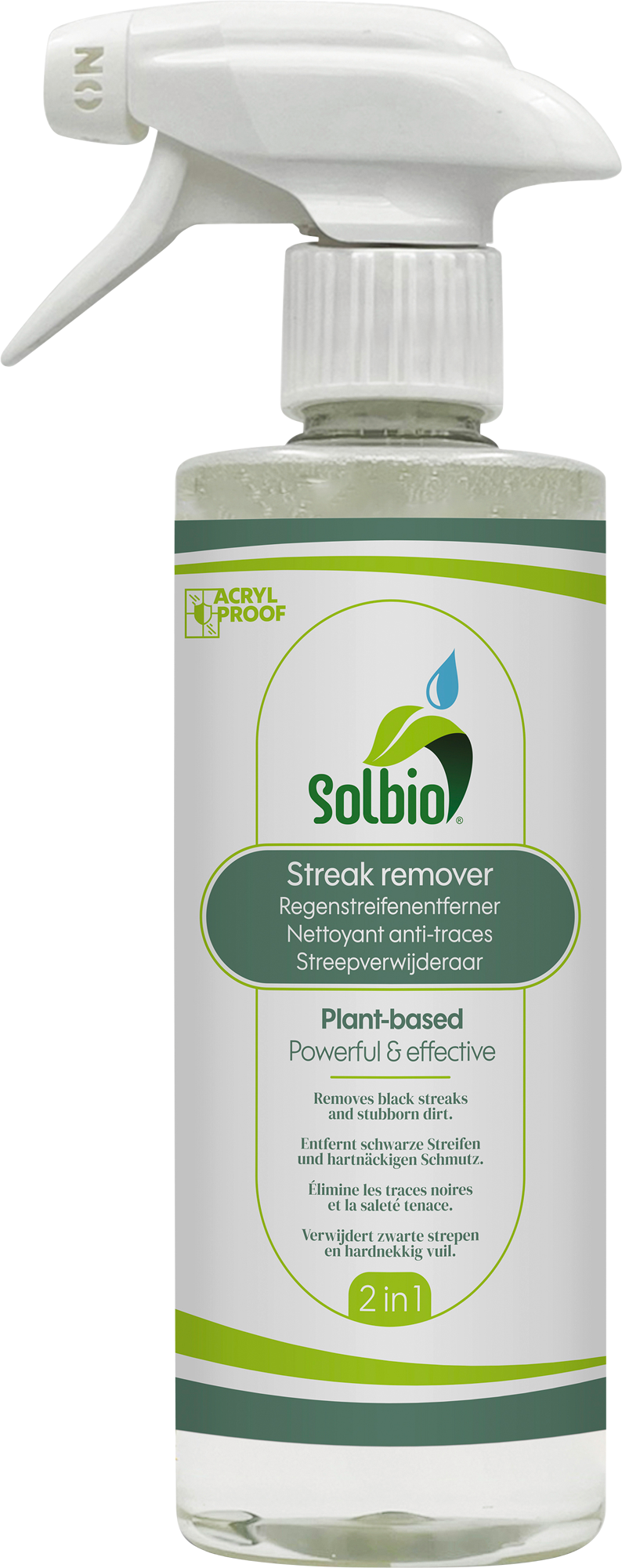 Regnstripefjerner plantebasert formel 500 ml for bobil og campingvogn Solbio forfra