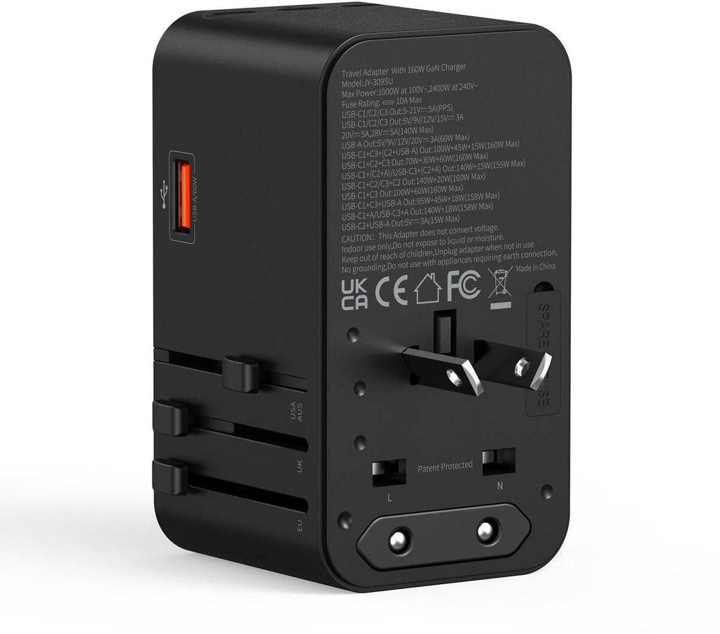 Reiseadapter GaN 160W med 4 USB-utganger for 200+ land oversikt over alle plugger