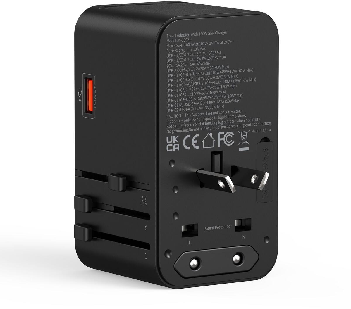 Reiseadapter GaN 160W med 4 USB-utganger for 200+ land oversikt over alle plugger
