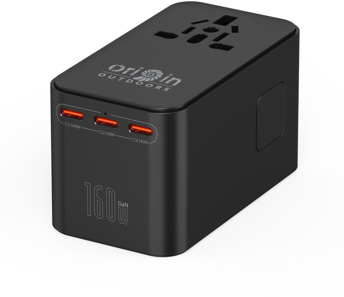 Reiseadapter GaN 160W med 4 USB-utganger for 200+ land bakside