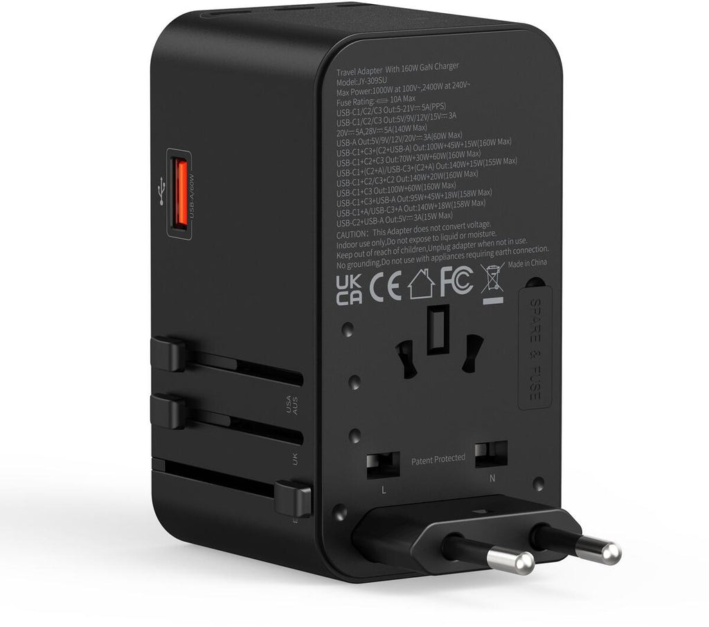 Reiseadapter GaN 160W med 4 USB-utganger for 200+ land beskyttelsesklapper