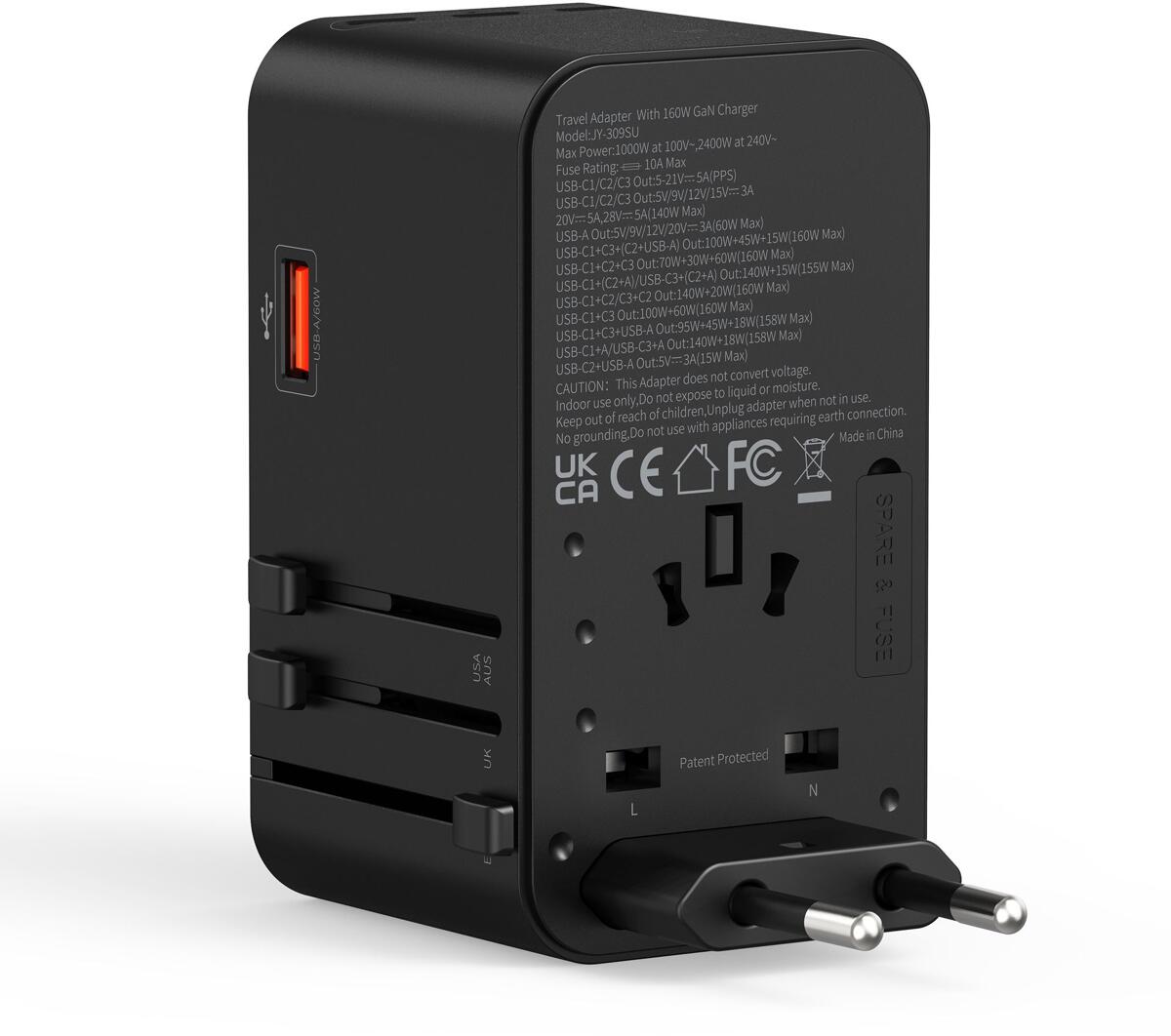 Reiseadapter GaN 160W med 4 USB-utganger for 200+ land beskyttelsesklapper