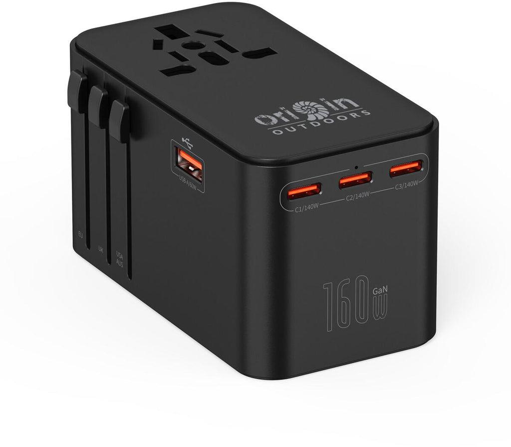 Reiseadapter GaN 160W med 4 USB-utganger for 200+ land front