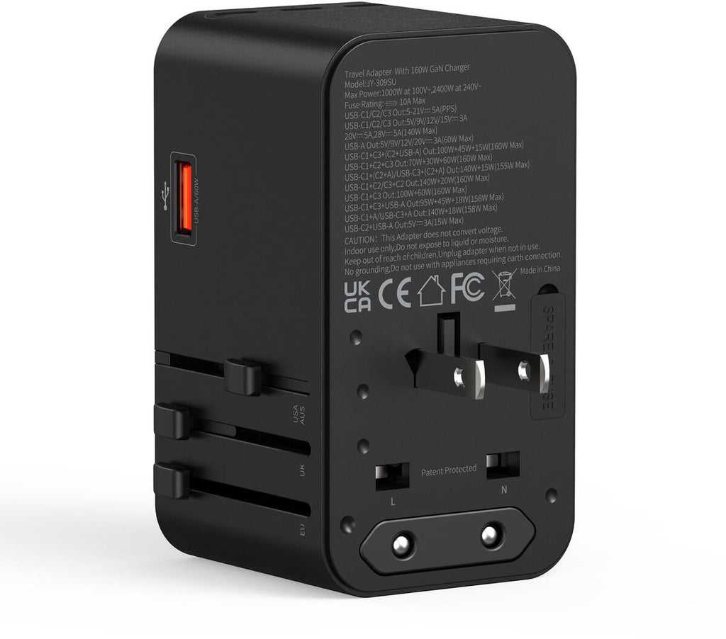 Reiseadapter GaN 160W med 4 USB-utganger for 200+ land med transportpose