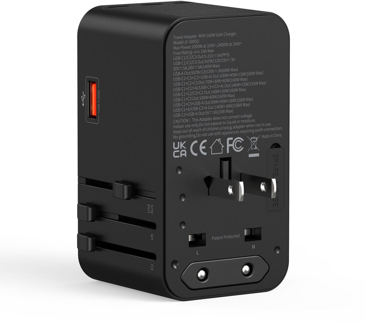 Reiseadapter GaN 160W med 4 USB-utganger for 200+ land med transportpose