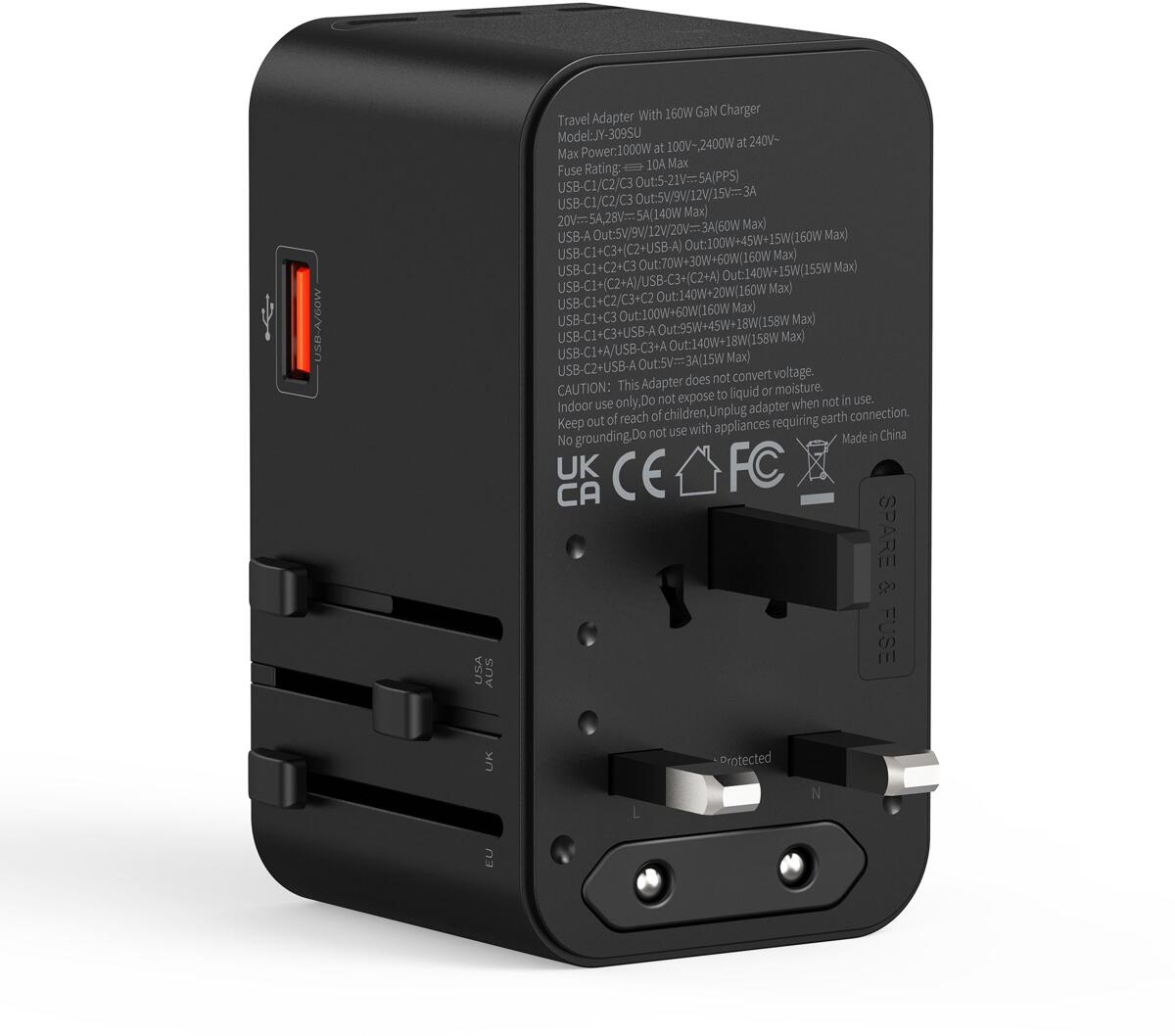 Reiseadapter GaN 160W med 4 USB-utganger for 200+ land med utskytbare plugger