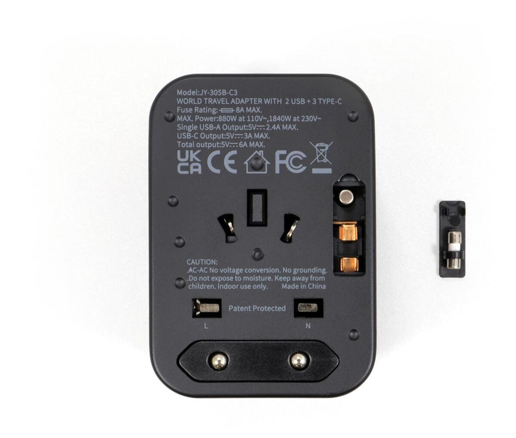 Oversikt over plugger på Reiseadapter universal med 5 USB-utganger (2A/3C) - Origin Outdoors