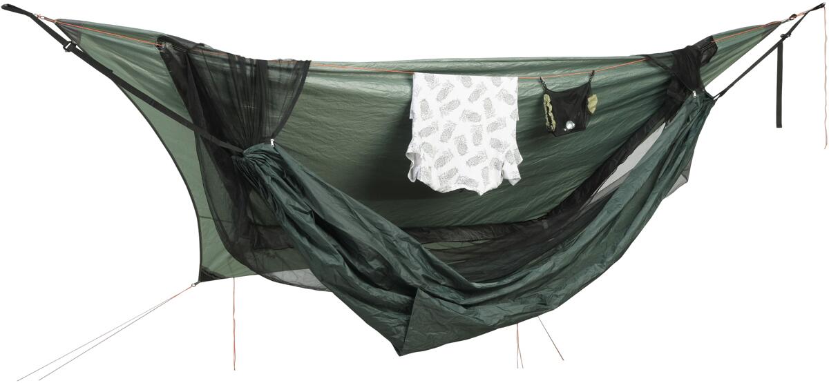 Reisehengekøye Traveller Camp med myggnett og tarp bakside