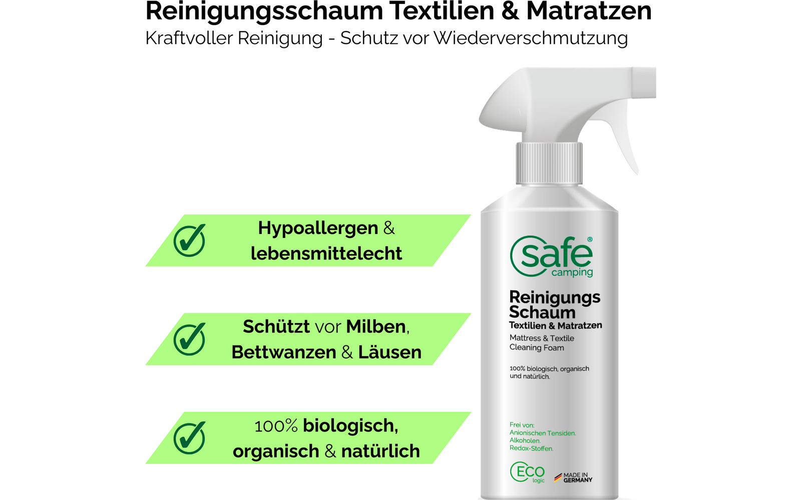 Rengjøringsskum for tekstiler og madrasser 500 ml - SAFE CAMPING montert