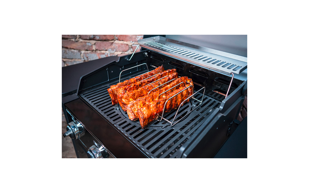 Ribbe- og stekeholder i rustfritt stål for 7 spareribs detalj