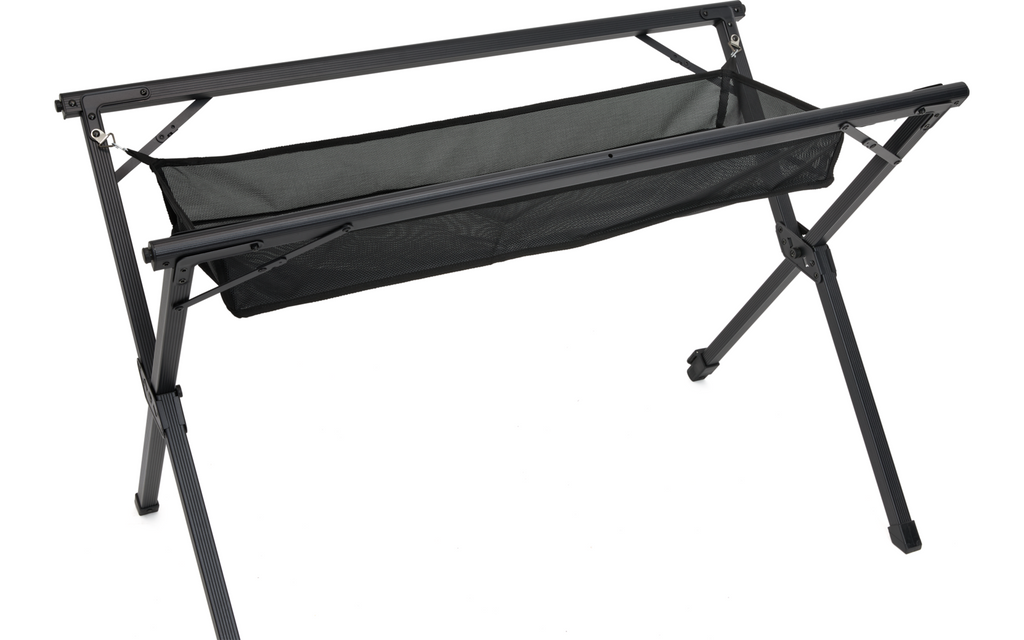 Rullbart campingbord Calais aluminium 115 x 72 cm montert på campingplass