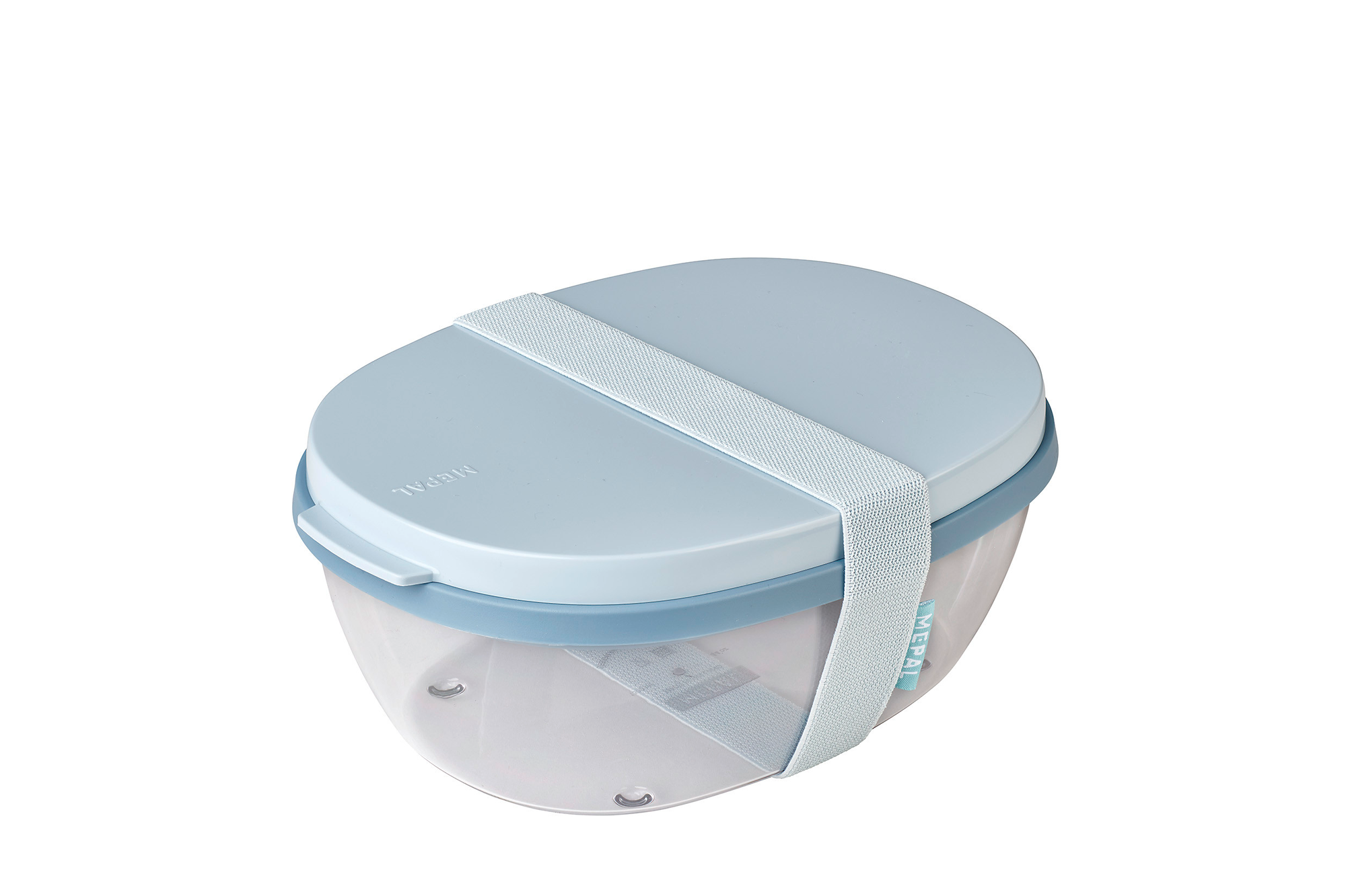 Salatboks Ellipse nordic blue 1300 ml med dressingboks fra forfra