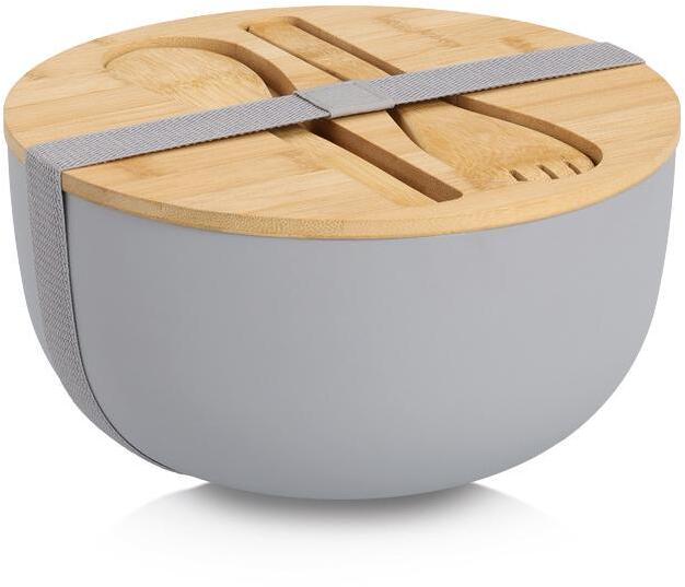 Salatbollsett 4-delt bambus/plast ø 23,5 cm med bestikk forfra