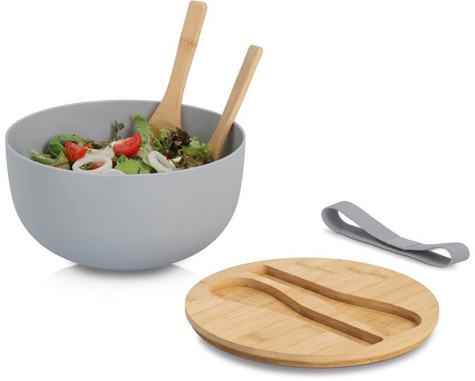 Detalj av Salatbollsett 4-delt bambus/plast ø 23,5 cm med bestikk