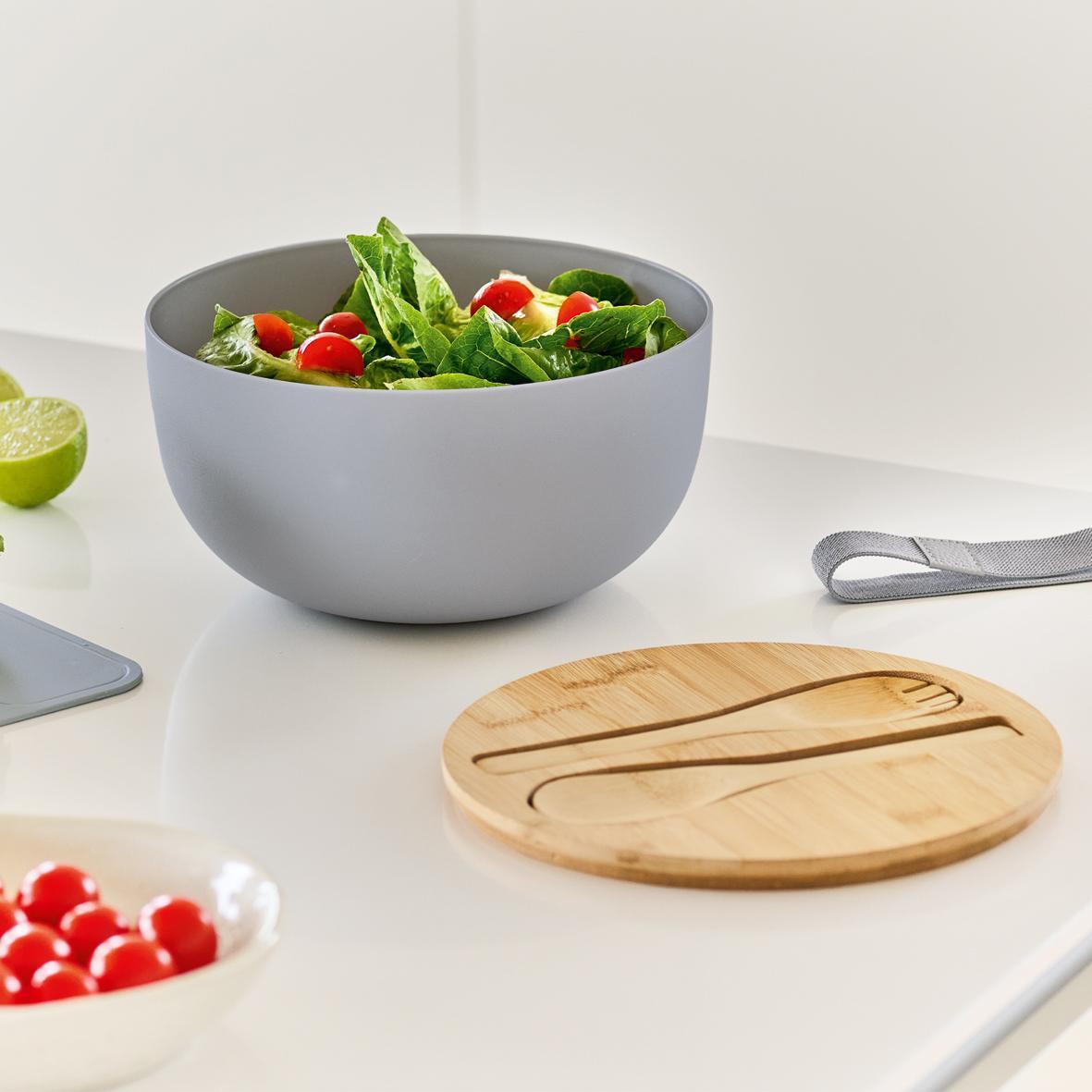 Montert Salatbollsett 4-delt bambus/plast ø 23,5 cm med bestikk