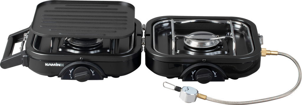 Sammenleggbar gasskoker PB78 2-bluss med grillplate - KaminX forfra