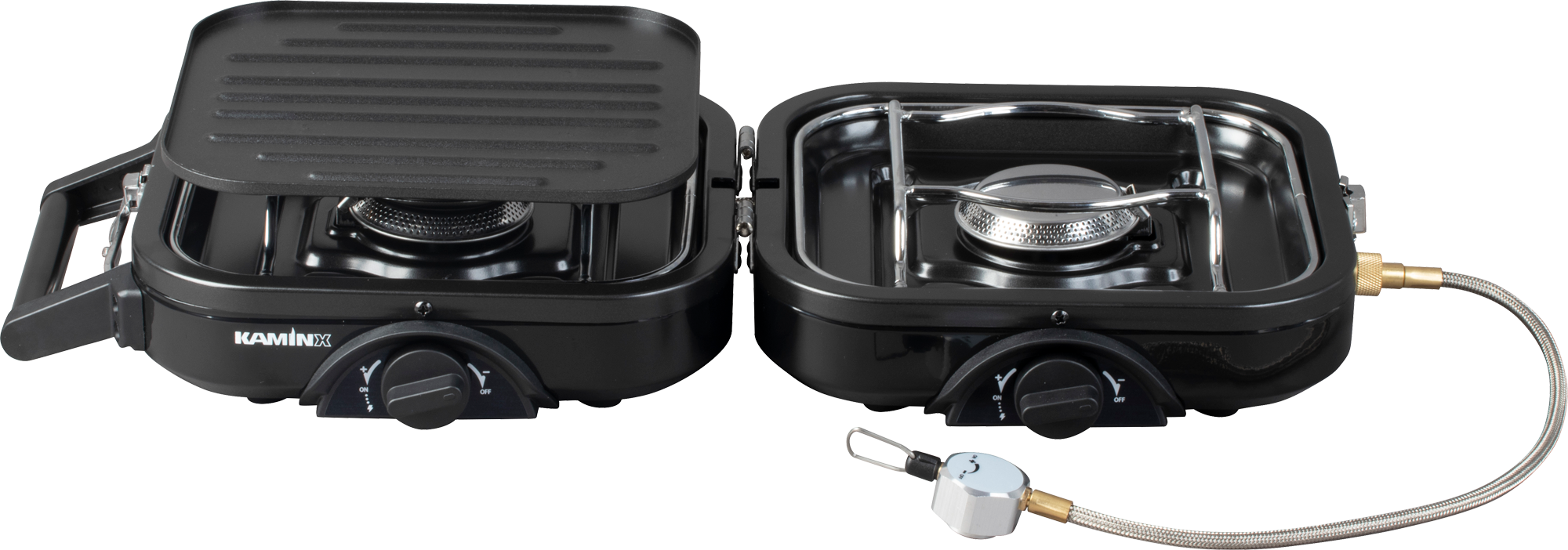 Sammenleggbar gasskoker PB78 2-bluss med grillplate - KaminX forfra