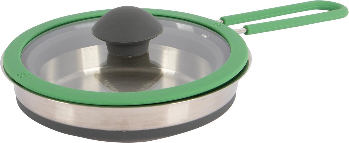 Nærbilde av glasslokk med silikonkant på Sammenleggbar kasserolle med lokk 1,3 l silikon/stål grønn - Bo-Camp