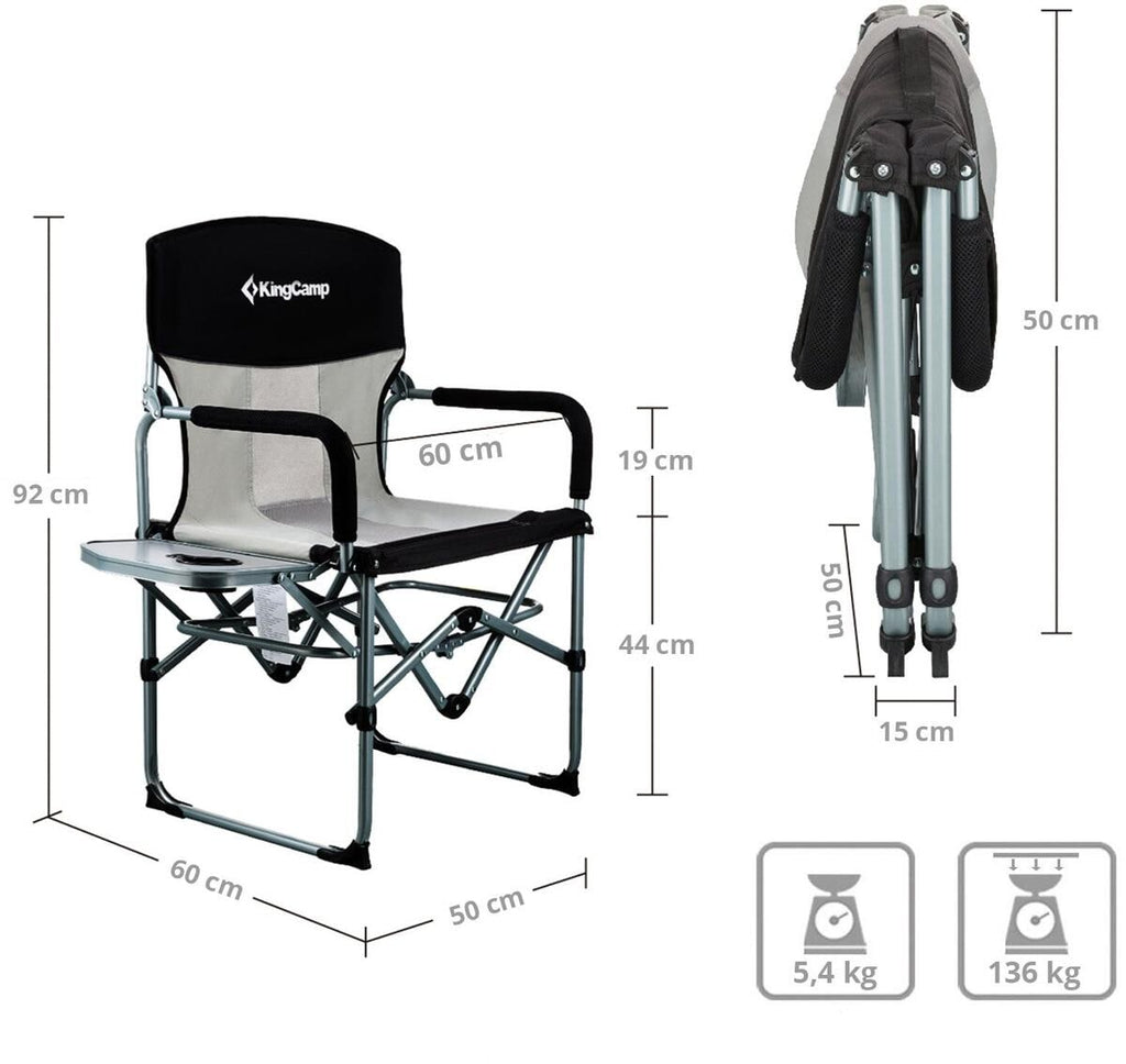 Sammenleggbar regissørstol med sidebord svart/grå 136 kg - KingCamp detalj av stoff
