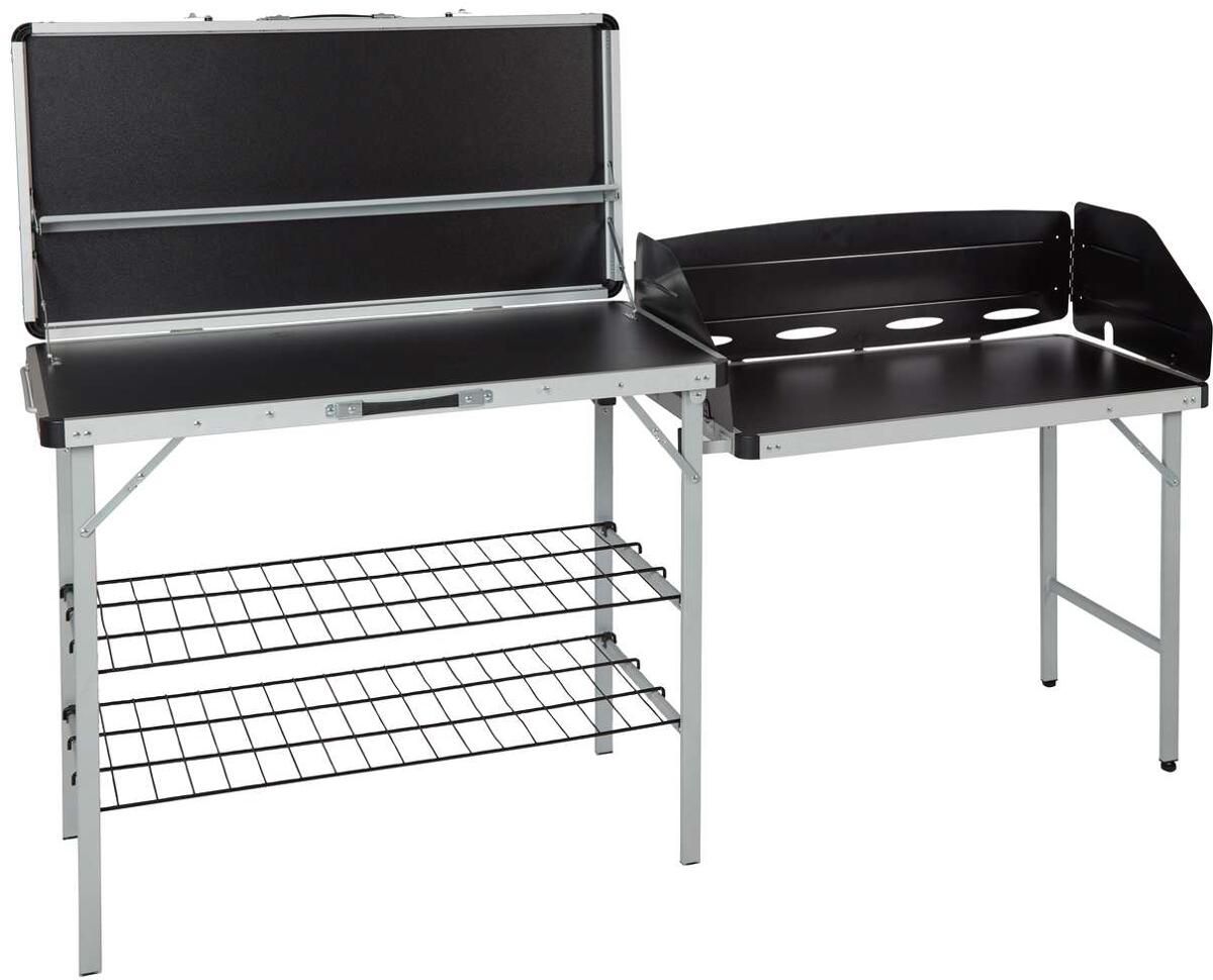 Sammenleggbart campingkjøkken 188x50x81 cm med vindskjerm, svart forfra