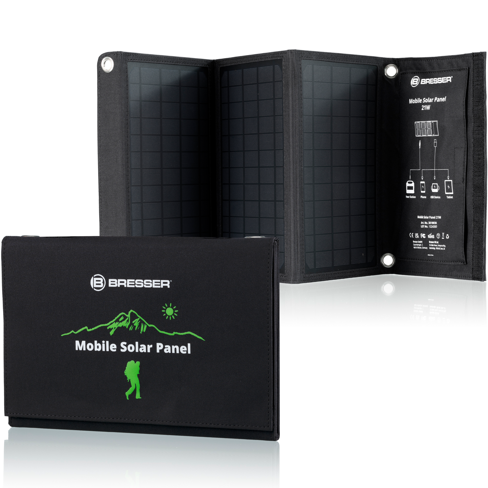 Sammenleggbart solcellepanel 21W med USB-A QC3.0 1 kg - Bresser forfra