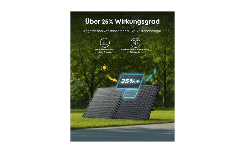 Montert sammenleggbart solcellepanel Solix PS200B 100 W bifasialt IP68 på camping