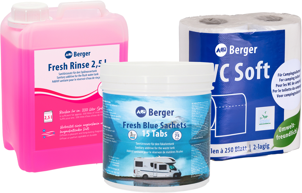 Sanitærsett 3-delt med Fresh Blue, Fresh Rinse og toalettpapir for camping