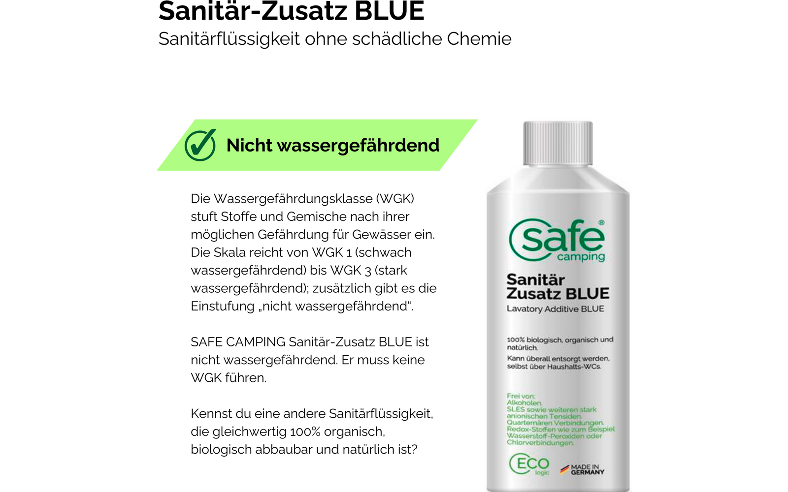 Sanitærtilsetning Blue for avløpstank 500 ml SAFE CAMPING bakside