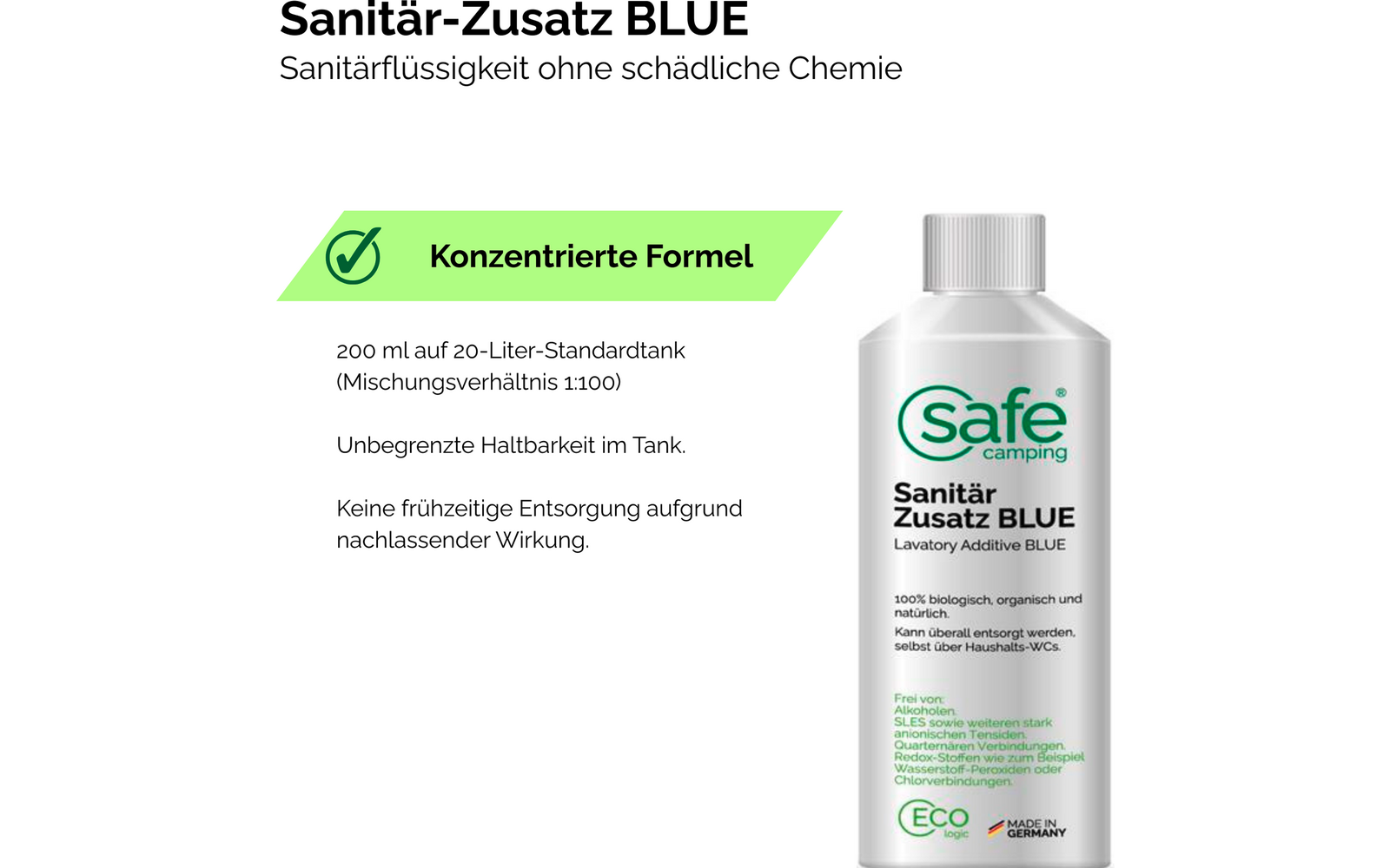 Detalj av Sanitærtilsetning Blue for avløpstank 500 ml SAFE CAMPING etikett