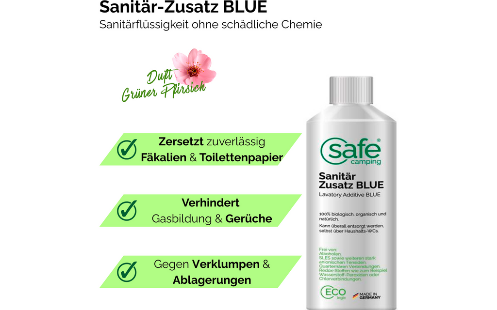 Sanitærtilsetning Blue for avløpstank 500 ml SAFE CAMPING i bruk