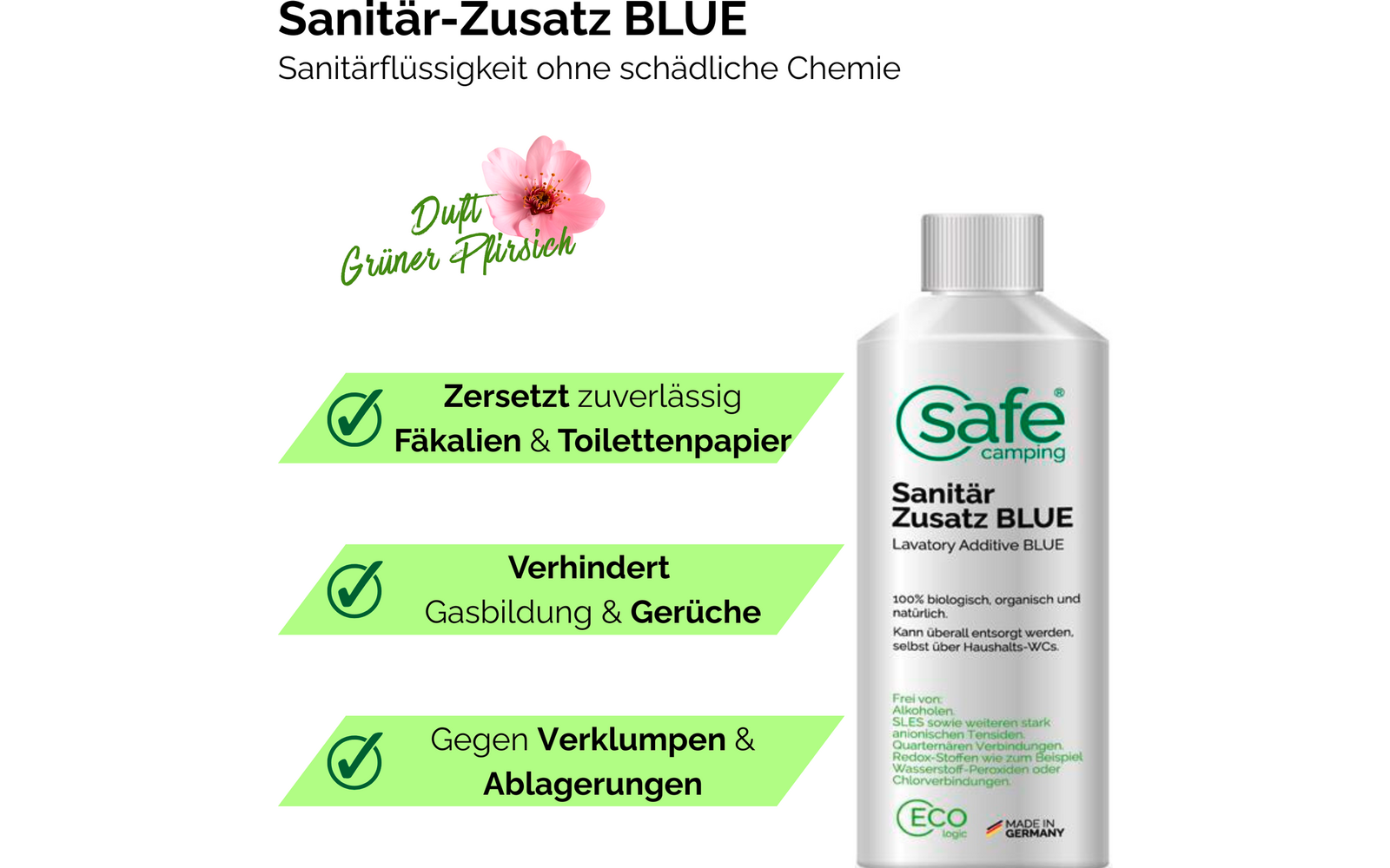 Sanitærtilsetning Blue for avløpstank 500 ml SAFE CAMPING i bruk